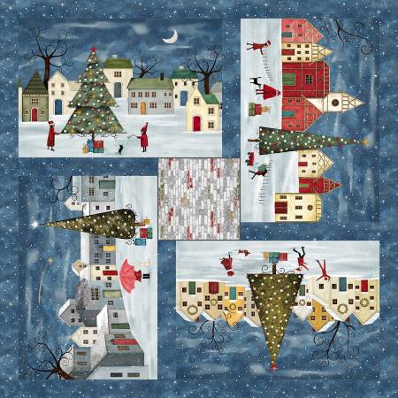 It's the Holidays Village Panel 43"x43" Denim Goldi L. Studio Henry Glass Cotton Fabric HG-2037P-75