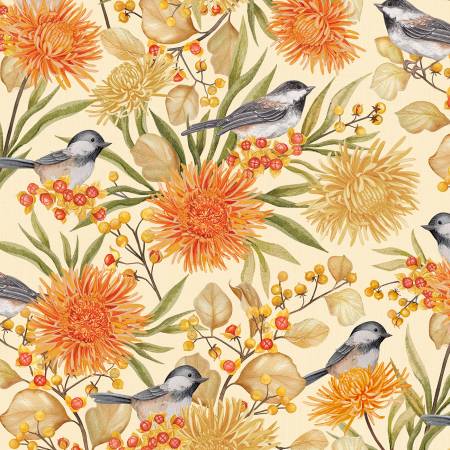 Chickadee Charm Cream Large Birds & Floral All Over 27726-280