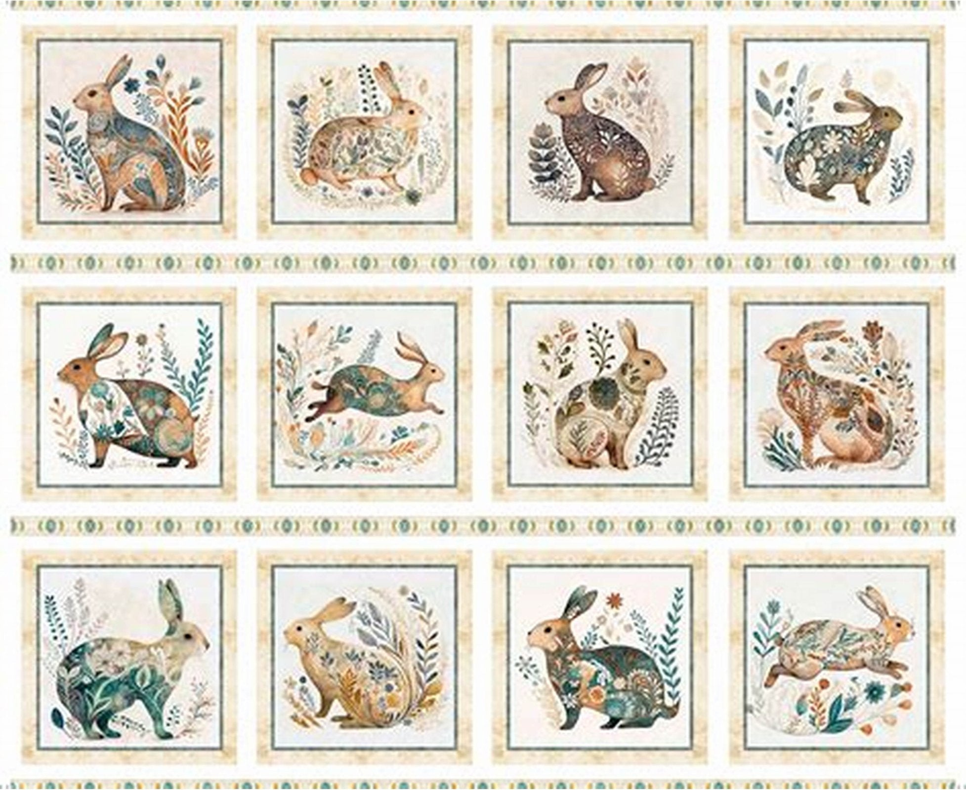 Cotton Tails  36" Panel 12 Blocks each about 10" Square 30078-E Cream