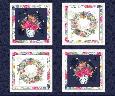 Indigo Song Floral 4 Blocks Panel 36" x 42"  ISON 05640-PA