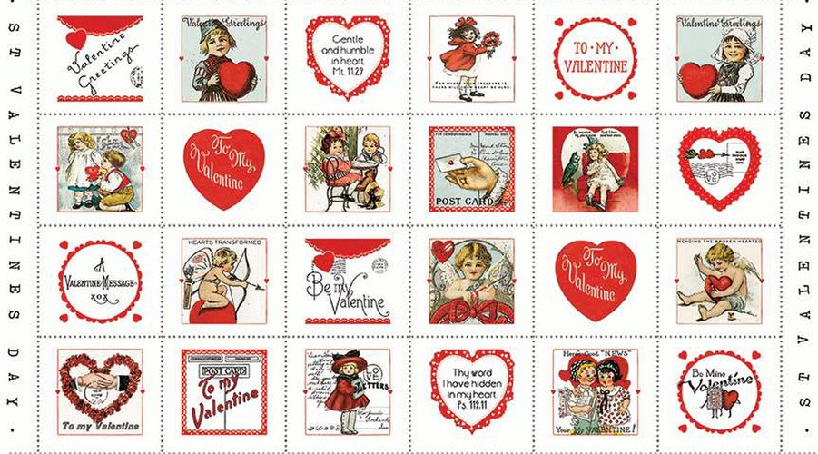 All My Heart Valentine Greetings Patch Panel by J Wecker Frisch PD14131 White 24 ea ~6"x6" Block 28"x44