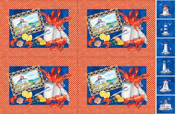 Atlantic Coast Lobster Placemats Panel Dk Blue Multi Heavy Weight Canvas 4 Fronts 27"x44