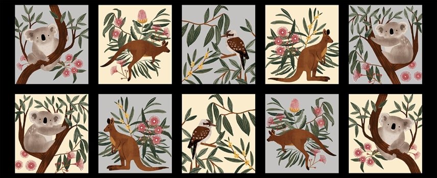 Aussie Friends Animals Koala Bears Kangaroos and Kookaburras 2094 99 - 20 Blocks Panel is 36" x 44