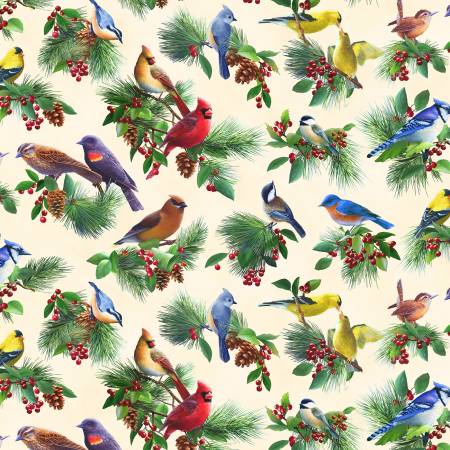 Birds & Berries Allover Cardinals & Birds 40004E-CREAM