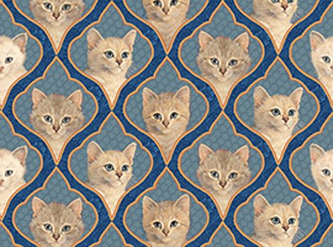 Catkin & Her Kittens Faces Trellis 22138  Blue