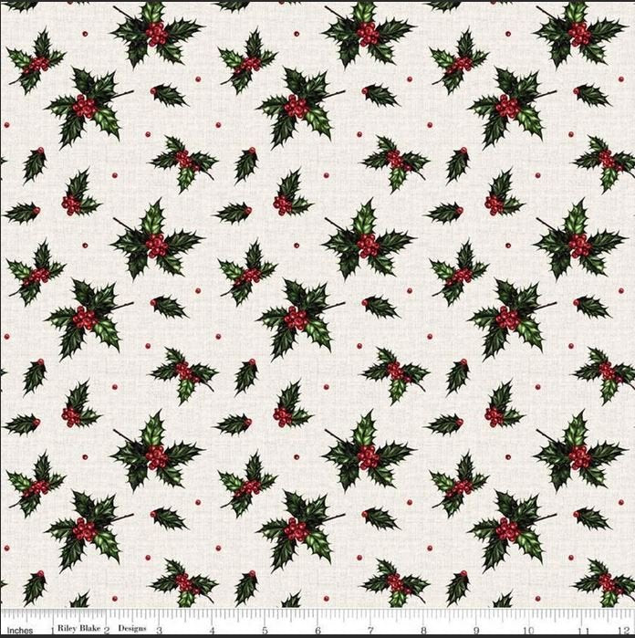 Christmas Memories Holly Floral Berries Red Green C8695 Cream