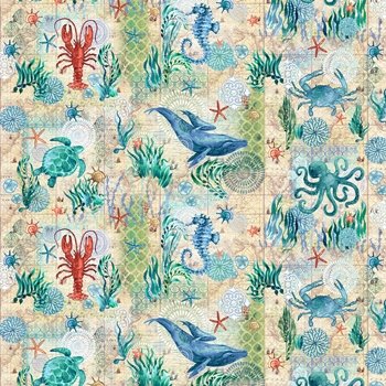Deep Blue Sea whales Lobster Octopus 5785-37 Cream