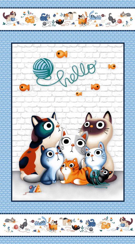 Feline Friends Cats Hello Panel dc8648 blue