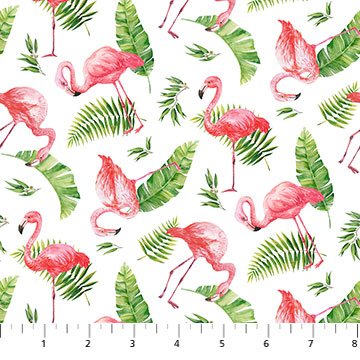 Flamingo Bay Tossed Flamingos and Leaves 24293 10 White