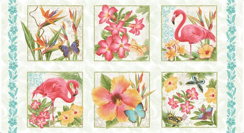 Pink Paradise Flamingo Block Panel 9870P 78 Pink
