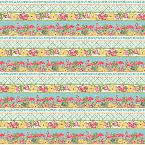 Pink Paradise Flamingo Border Stripe 9868-78 Lt Green