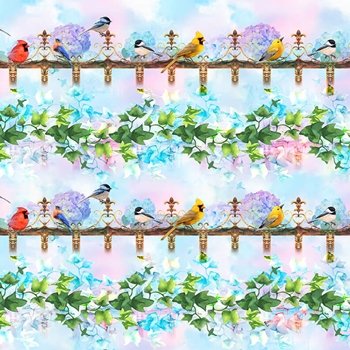 Hydrangea Garden Birds Stripe 5894  11 Blue