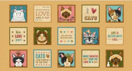 Live Love Meow Cat Blocks Panel 1937P 33 Yellow