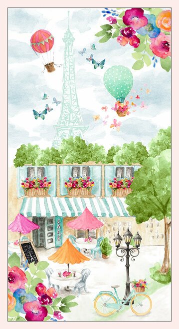 Love is in the Air Cafes with Eiffel Tower 1688P 17 blue Panel-24 inches
