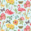 Pink Paradise Tossed Flamingos and flowers 9864 78 Lt Blue