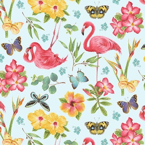 Pink Paradise Tossed Flamingos and flowers 9864 78 Lt Blue