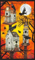 Raven Moon Panel Ravens in Spooky Bird Houses in Orange Yellow Black