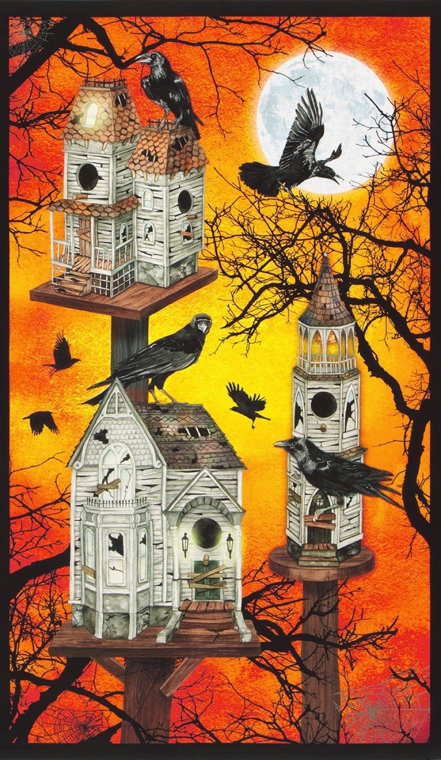 Raven Moon Panel Ravens in Spooky Bird Houses in Orange Yellow Black