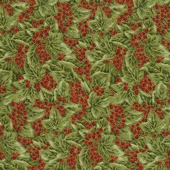 Spirit of Christmas Chickadee Holly and Berries Sage Metallic F0274 08