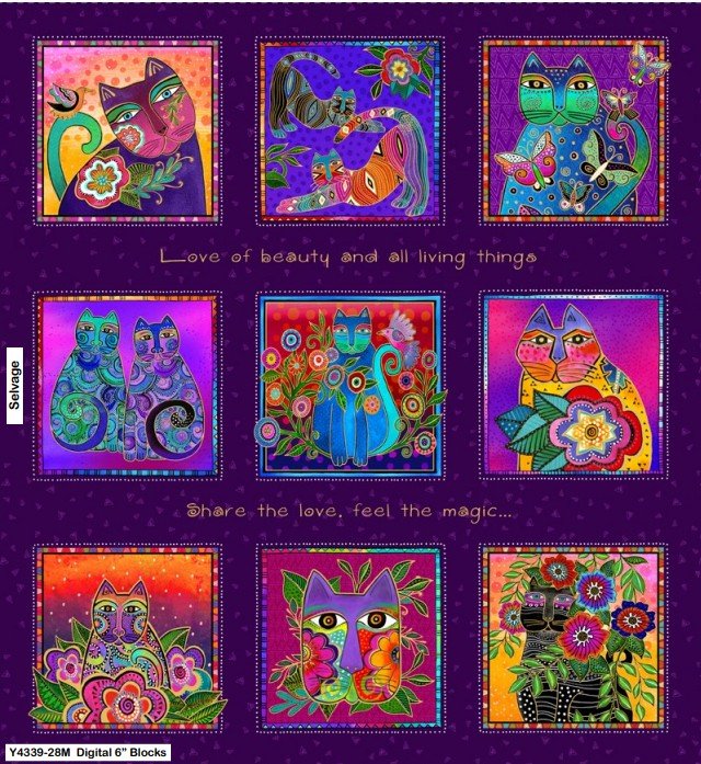 Fantasticats Block Panel 18  Blocks  abour 6" square Y4339-28M Purple