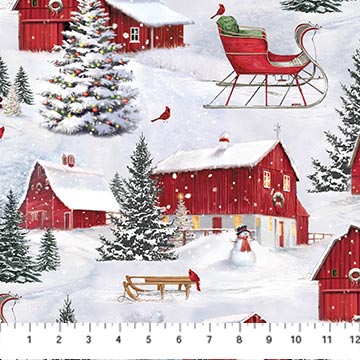 Farmstead Friends Barns & Cardinals Scenic DP26897-41 Pale Blue Multi